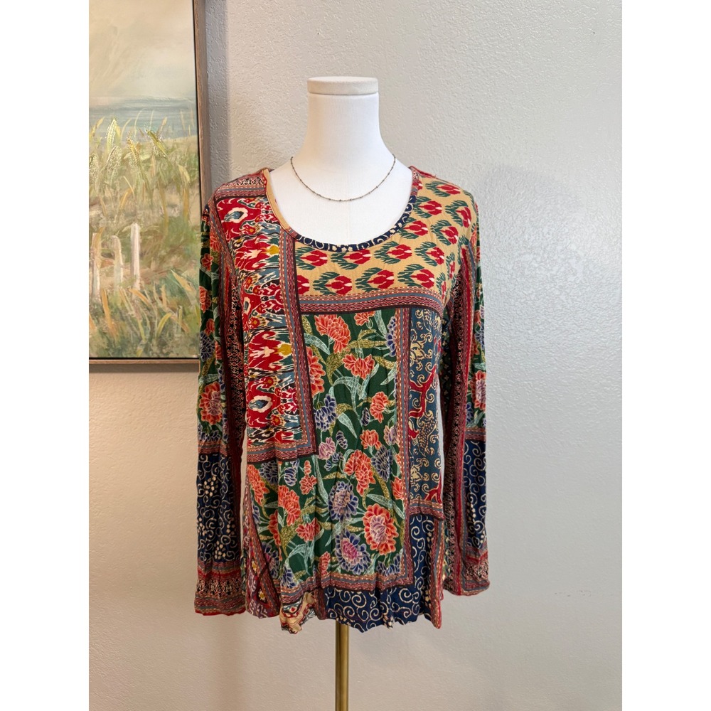 Johnny Was Patchwork Floral Long Sleeve Boho Top Size Small